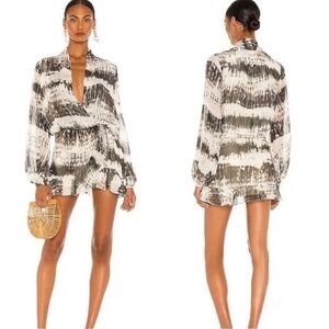 ROCOCO SAND X Revolve Ilios Metallic Ruffle Long Sleeve Mini Dress size X-Small